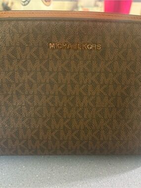 Michael Kors Brown Logo Crossbody Purse with Gold Nameplate
